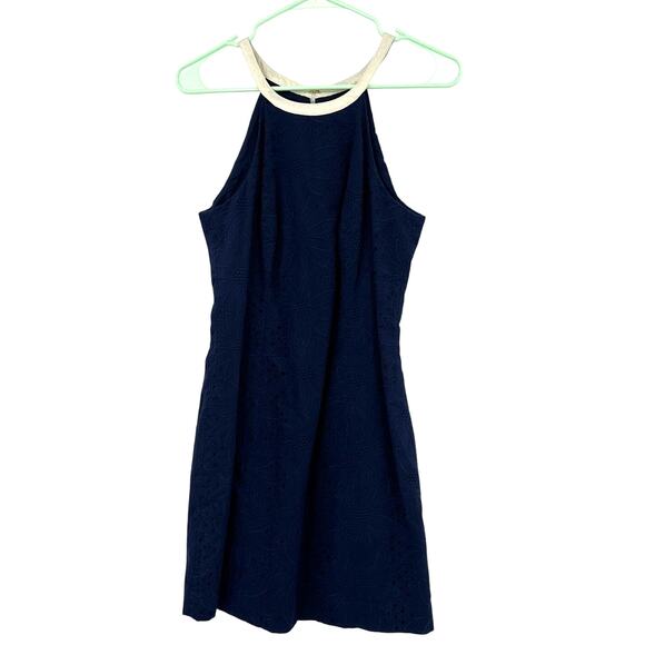 Lilly Pulitzer Size 4 Sleeveless Dress‎ Dark Blue Eyelet Gold Straps Zip Up Rear - Picture 1 of 7